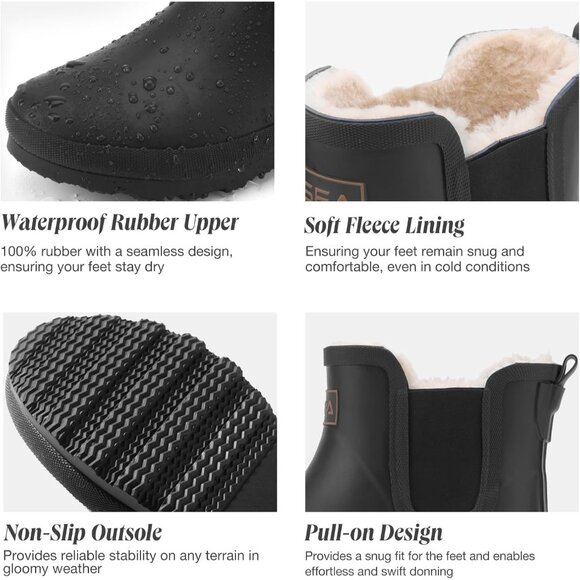 ⚡Women's Black Pull On Plush Rain Ankle Snow Boots Waterproof Chelsea Rubber - Picture 6 of 7